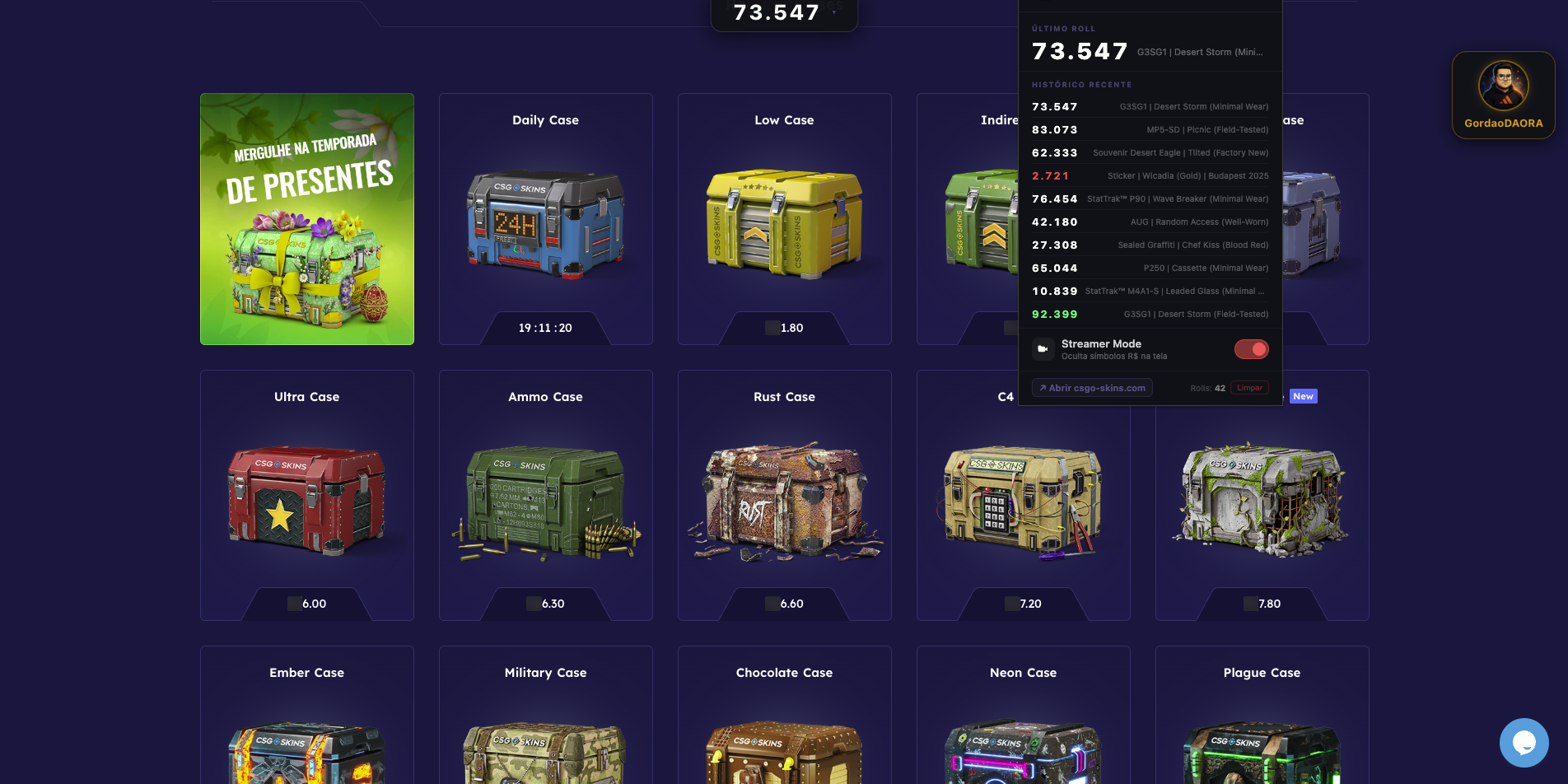 Modo Streamer ocultando valores monetários no csgo-skins