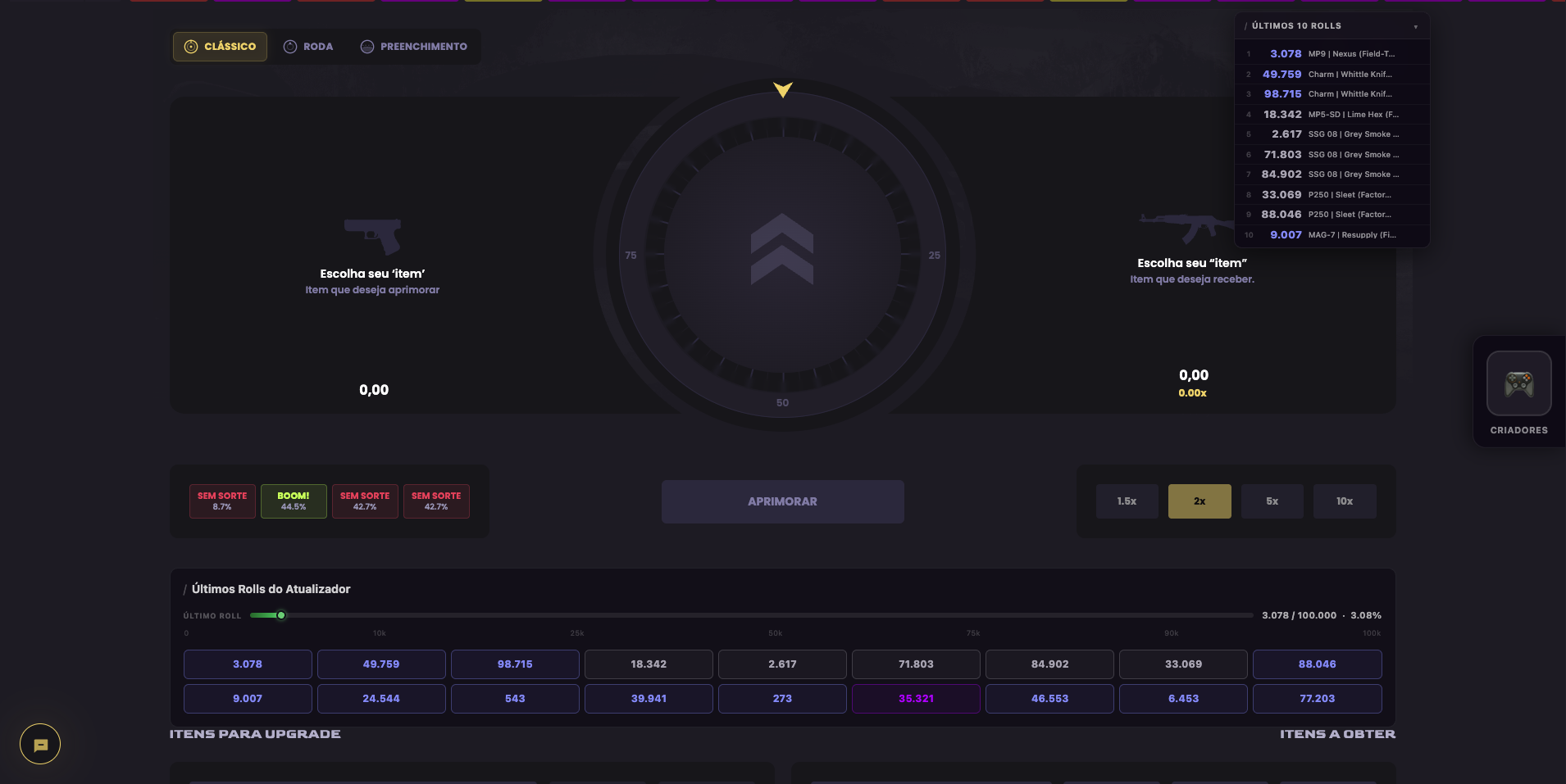 Atualizador com rolls e barra de chance no KeyDrop