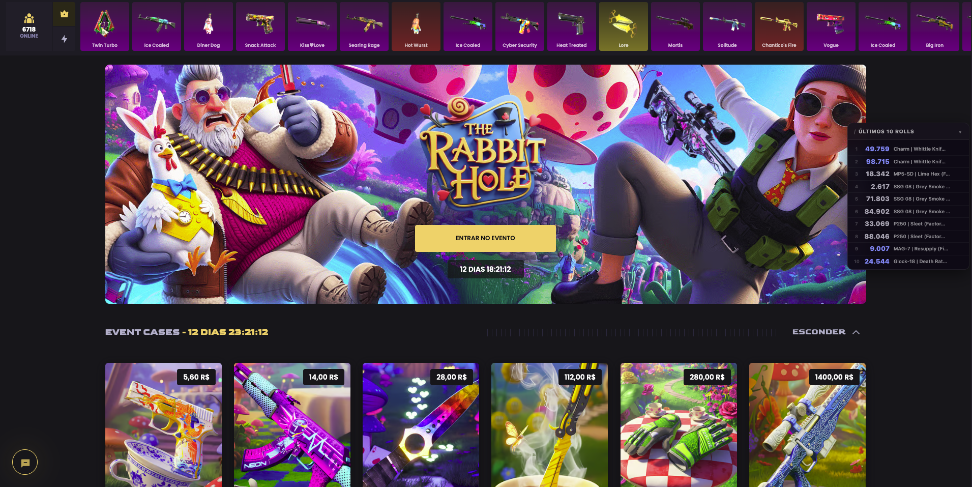 Últimos 10 rolls na página inicial do KeyDrop